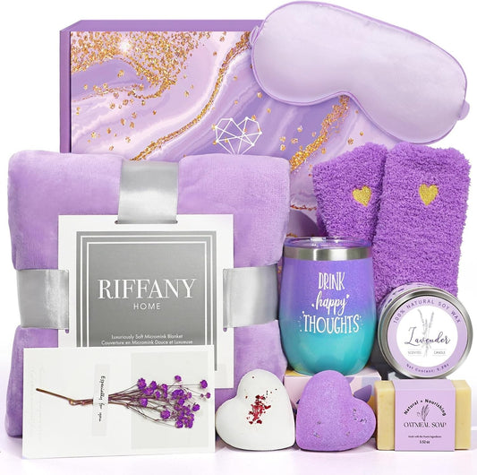 Unique Birthday Gift for Women: Lavender Spa Basket with Luxury Flannel Throw