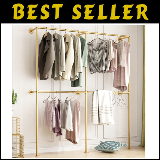Industrial Gold Wall-Mounted Clothing Rack with Double Rods for Elegant Storage