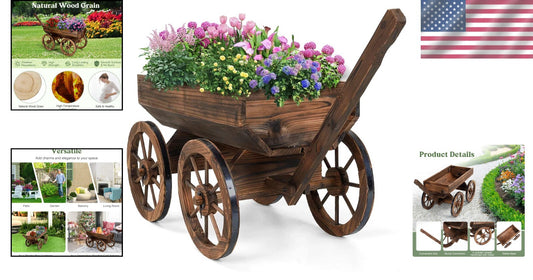 Adjustable Wooden Garden Cart with Wheels for Charming Outdoor Flower Display