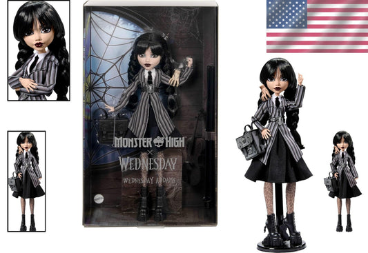 Dramatic Wednesday Addams Doll with Stand, Thing, & Unique Backpack Accents