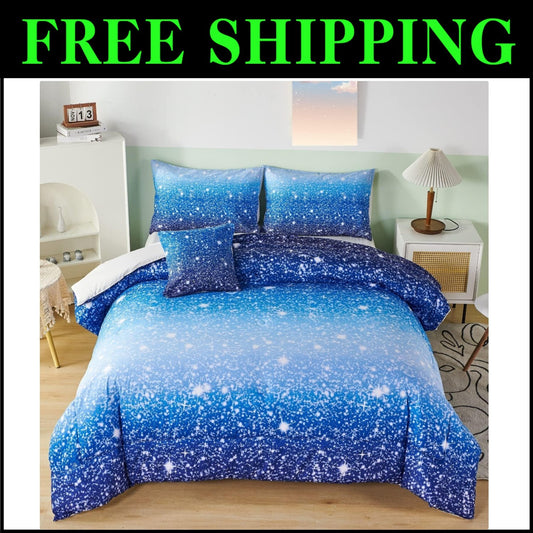 6Pcs Ombre Aqua Blue Glitter Comforter Set for Full Size Beds - Kids Design