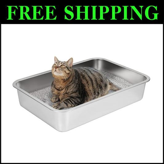 Non-Stick Cat Litter Box - Large Metal Pan with Rounded Corners for Safety