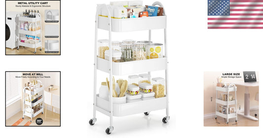 3 Tier Rolling Storage Cart - Lockable Wheels & Sturdy Metal Design in White