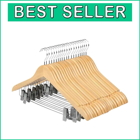 Natural Wooden Hangers with Clips - Non-Slip, 20 Pack for Heavy Clothes