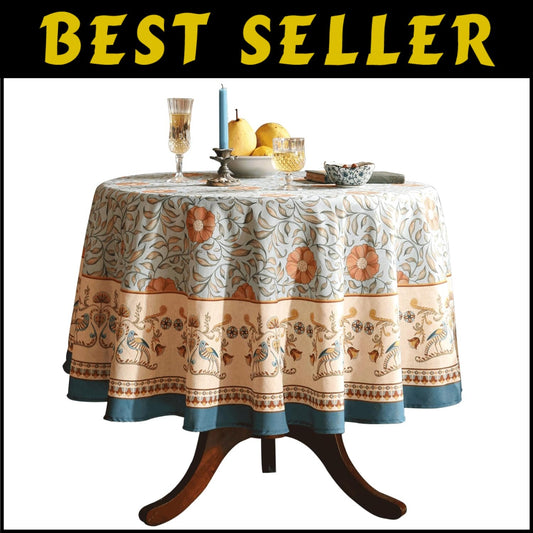 Elegant French Country Rustic Tablecloth - 67" Round with Pleated Corners