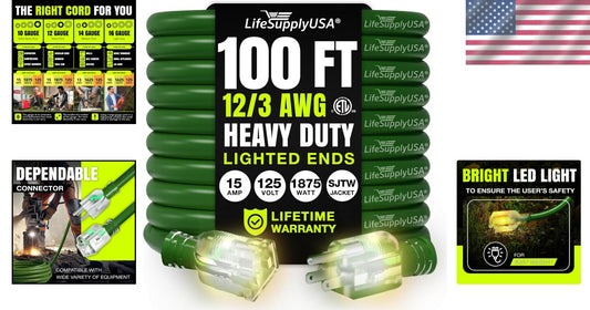 100ft Long Power Cord - Heavy Duty 12/3 Gauge, Flexible & Waterproof Outdoor Use