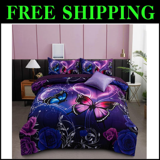 Galaxy 6pc Twin Comforter Set: Dreamy 3D Butterfly Print in Purple & Blue