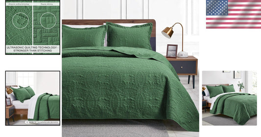 Chic King Size Bedspread in Olive Green - Modern Coin Design & Ultimate Comfort