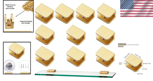 Elegant Pack of 10 Brass Glass Clips for 10-12mm Glass - Effortless Installation