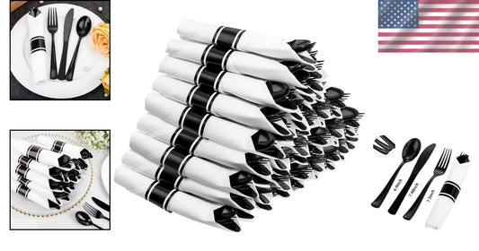 60-Pack Heavy Duty Pre-Wrapped Black Plastic Cutlery with Napkins - Elegant &...