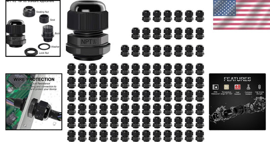 100-Pack NPT 1/2’ Waterproof Cable Glands - Reliable Black Nylon Connectors