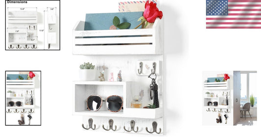 Vintage White Key Rack with 6 Metal Hooks - Stylish Wall Mount Storage Solution