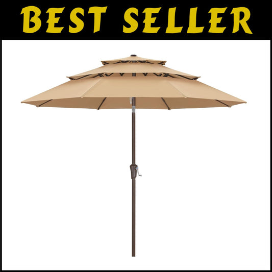 10FT Khaki 3-Tier Patio Umbrella - Stylish Sun Shade for Outdoor Comfort