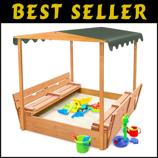 Fun Convertible Cedar Sandbox with Easy-Setup Canopy and Bench Seating - 46.5"