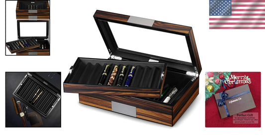 Portable Ebony Wood Pen Case with Glass Window - Protects & Displays 20 Pens
