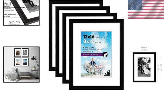 Classic Black Photo Frames - 12x16/8x12 Set of 4 for Vertical/Horizontal Display