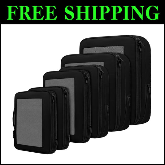 Expandable Compression Packing Cubes - 6 Set Travel Organizers in Black Mesh
