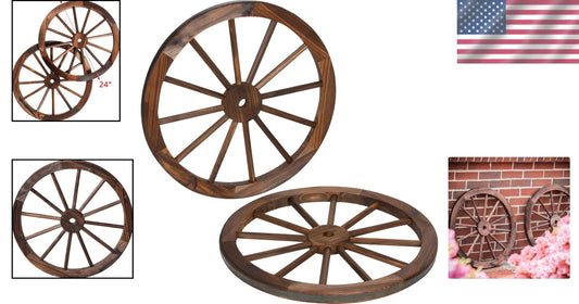 Decorative 24" Wooden Wagon Wheels with Steel Rim - Set of 2 for Indoor/Outdoor