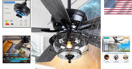 Elegant 52-Inch Black Ceiling Fan with Waterproof LED Light - Ideal for Patios