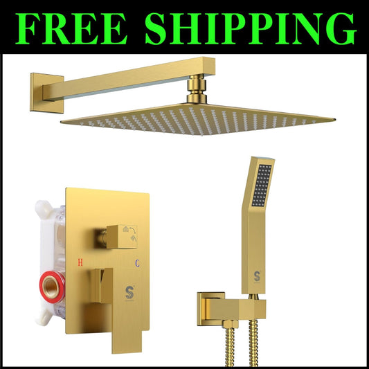 Wall-Mounted 12" Brushed Gold Rain Shower System with High Pressure Performance