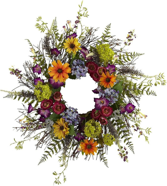 Charming 24-Inch Spring Wreath with Faux Blooms – Ideal Home and Gift Decor