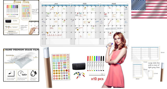 Extra Large 36"x72" Dry Erase Wall Calendar - 3-Month Organizer for Home/Office