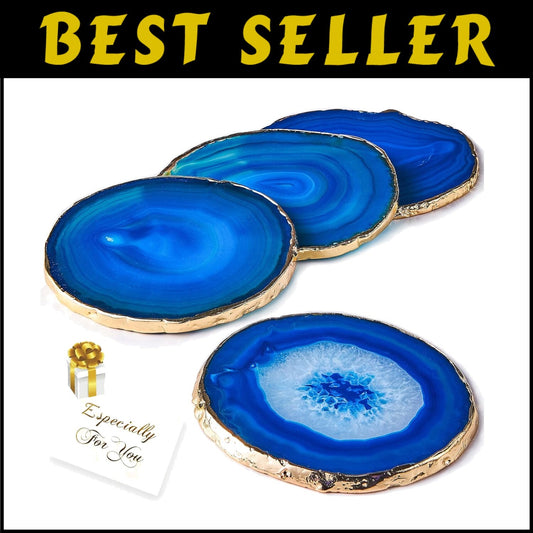 Natural Blue Agate Drink Coasters Set of 4 with Gold Rim - Perfect Gift Choice