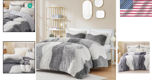 Oeko-Tex Certified Shaggy Faux Fur Comforter Set in Stylish Grey Ombre, 3-Piece