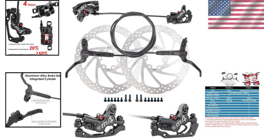 Adjustable Hose 4-Piston MTB Hydraulic Brake Set - Complete with Floating Discs
