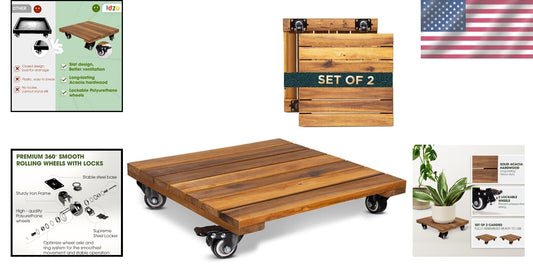 Rust-Resistant Acacia Wood Plant Caddy with Wheels - Effortless Mobility Set