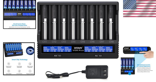 8-Bay 21700 & 18650 Smart Battery Charger with LCD Display - Fast 1A*8 Charging