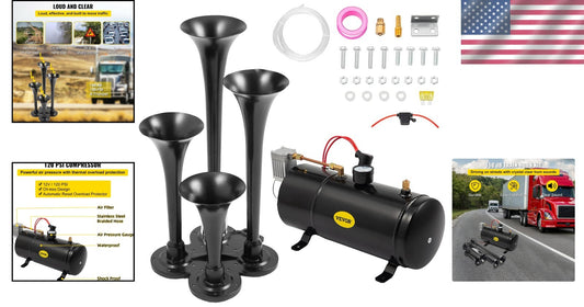 Compact Train Horn System for Trucks & Cars - 4 Trumpets with 20 PSI Compressor