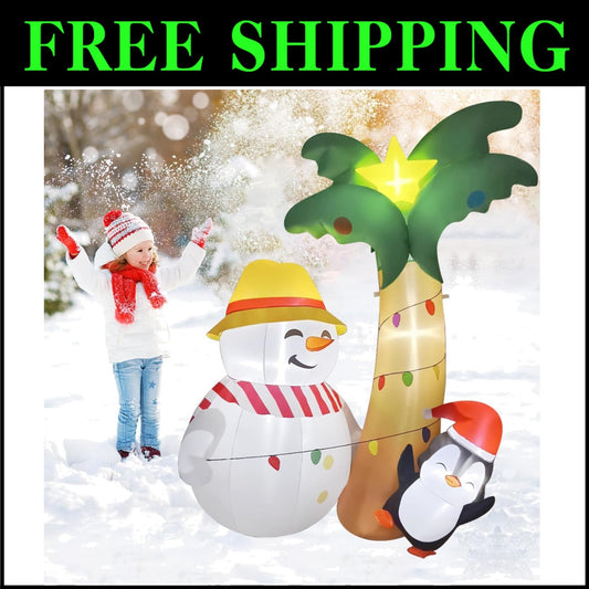 7FT Inflatable Hawaiian Palm Tree with Snowman & Penguin - Christmas Décor