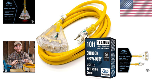 10 ft Yellow 12-Gauge Heavy Duty Extension Cord - Ideal for Tools & Appliances