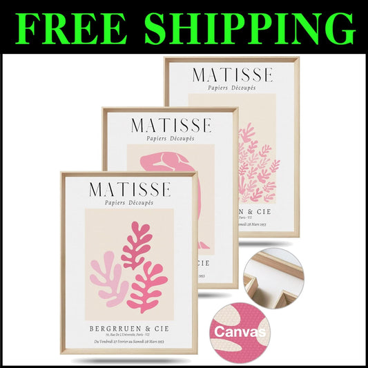 Set of 3 Framed Matisse Pink Canvas Wall Art - Minimalist Decor for Any Space