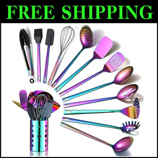 Durable Rainbow Kitchen Utensils Set - 13 Stainless Steel Pieces for All Cooking