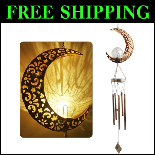 Crystal-Embellished Moon Wind Chimes - Solar Outdoor Decor for All Occasions