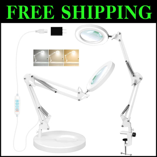 2-in-1 Dimmable LED Magnifying Lamp with Clamp - 3 Color Modes for Crafts