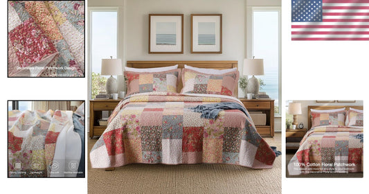 Machine Washable 100% Cotton King Quilt – Luxury Boho Floral Design 110x96"