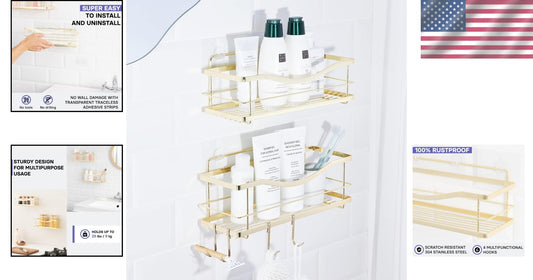 Elegant Gold Stainless Steel Shower Caddy - Self Adhesive Wall Mount Organizer