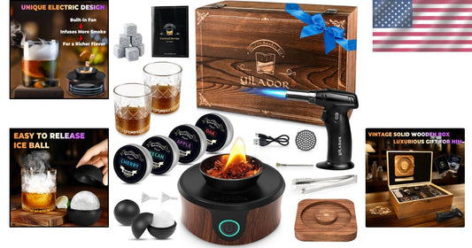 All-In-One Whiskey Smoker Kit with Premium Wooden Box and Cocktail Accessories