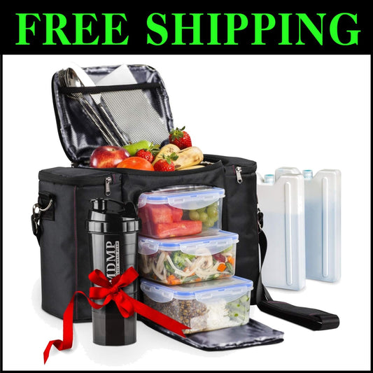 Durable Black Meal Prep Kit: Lunch Bag, Food Containers & Ice Packs - BPA-Free