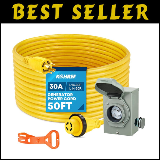 Reliable 30 Amp Generator Cord with Weatherproof Inlet Box & Organizer - 50FT