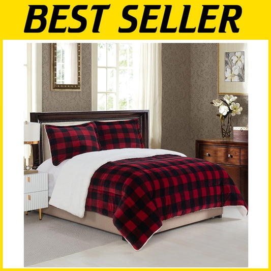 Cozy King Comforter Set - Reversible Micromink Plaid with Pillow Shams, Washable