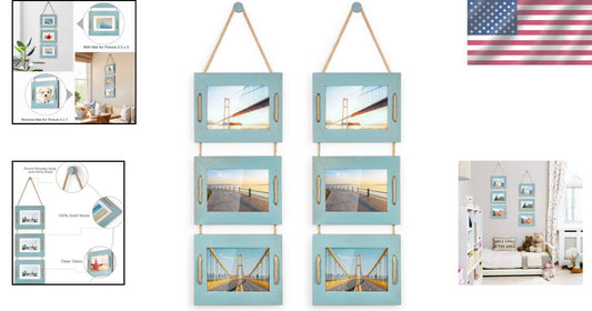 Vintage Hanging Picture Frames Set: Ocean Blue 5x7 & 3.5x5 Distressed Decor