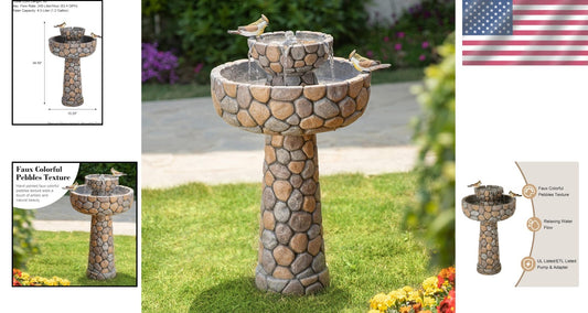 Lifelike Birds Decorated 2-Tier Faux Pebbles Fountain—Stylish Addition to Patios