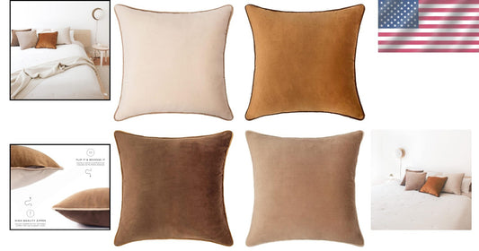 Contemporary Brown/Beige Velvet Cushion Covers - Set of 4 - All-Season Use