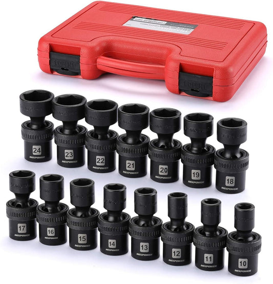 15-Piece 1/2" Drive Metric Impact Socket Set - Chrome Moly Steel, Wobble Design