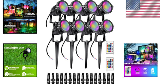 16 Color Changing RGBW Low Voltage Landscape Lights with Remote Control - 8 Pack