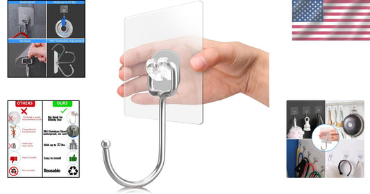 37lb Max Clear Adhesive Hooks - 50 Pack, Perfect for Home & Office Organizing